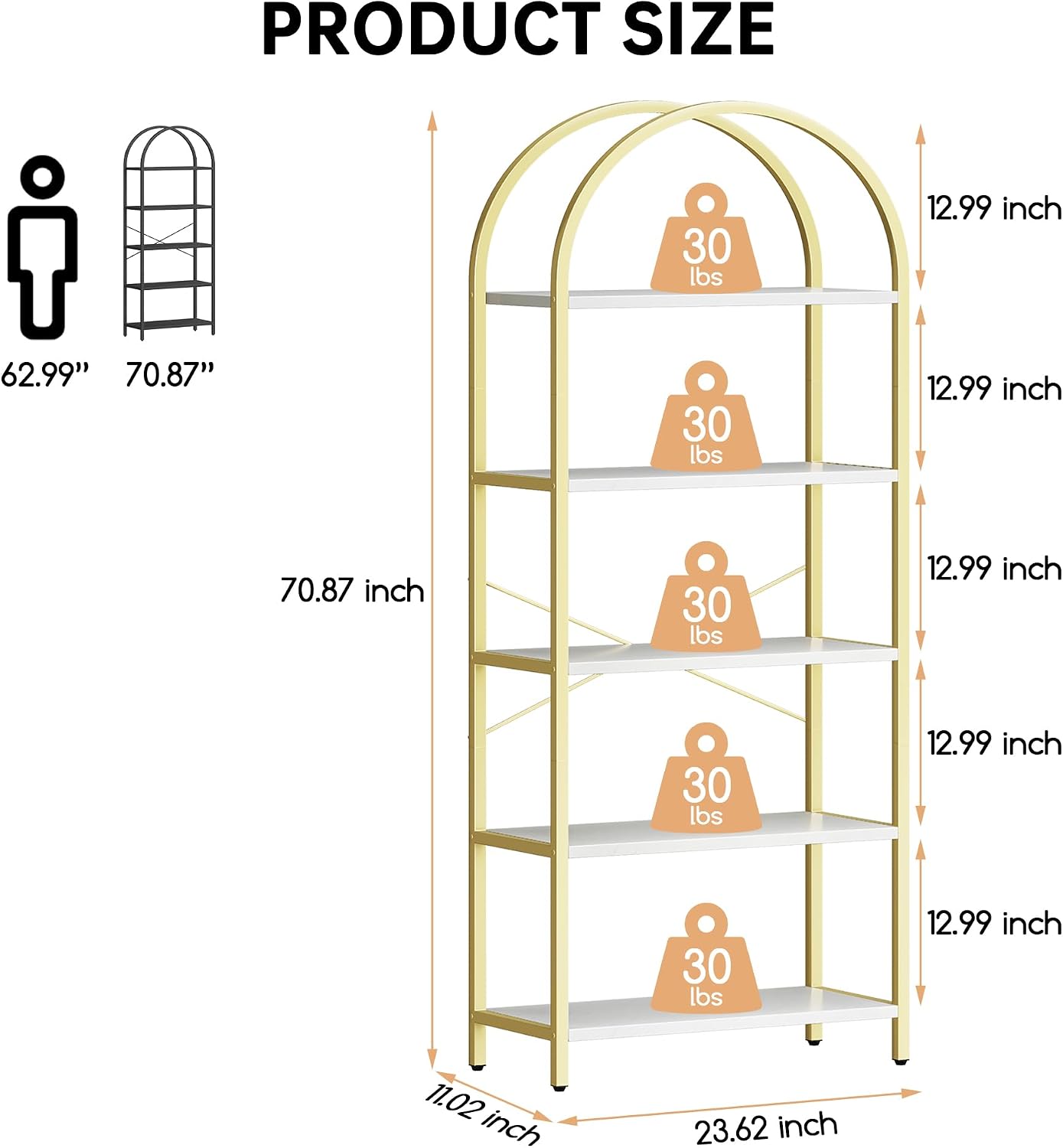 Takywep Bookshelf, Arched Bookcase with Metal Frame 5 Tiers Bookshelf Industrial Arched Cabinet Display Shelf Floorstanding Storage Shelving Unit for Bedroom Living Room Home Office, White and Gold