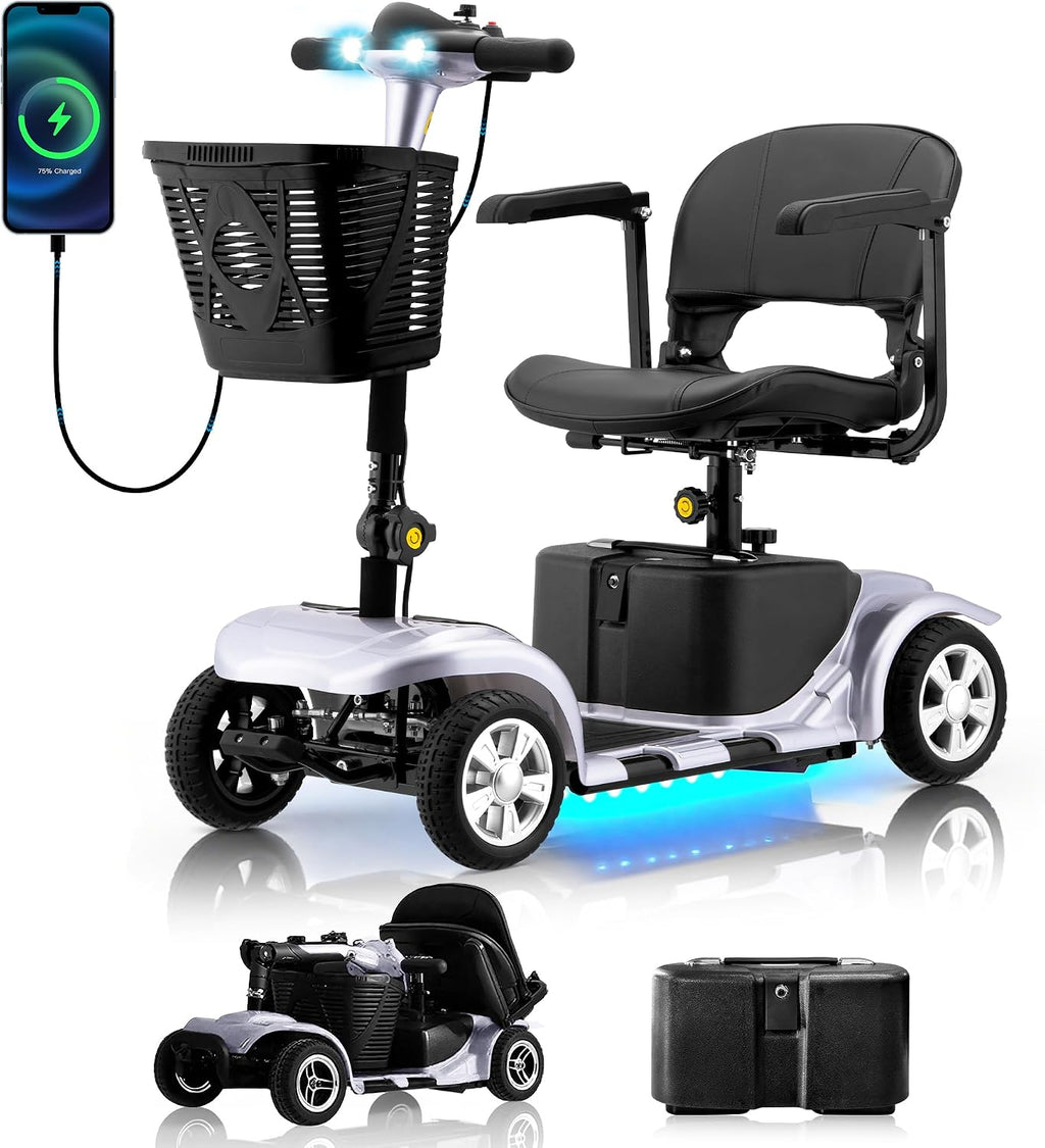 Mobility Scooters for Senior Adults, 15 Mile Electric Mobility Scooter with Detachable Battery, 4 Wheels Foldable Mobility Scooter with LED Headlights and USB Charging Port, 300 lbs Capacity (Silver)