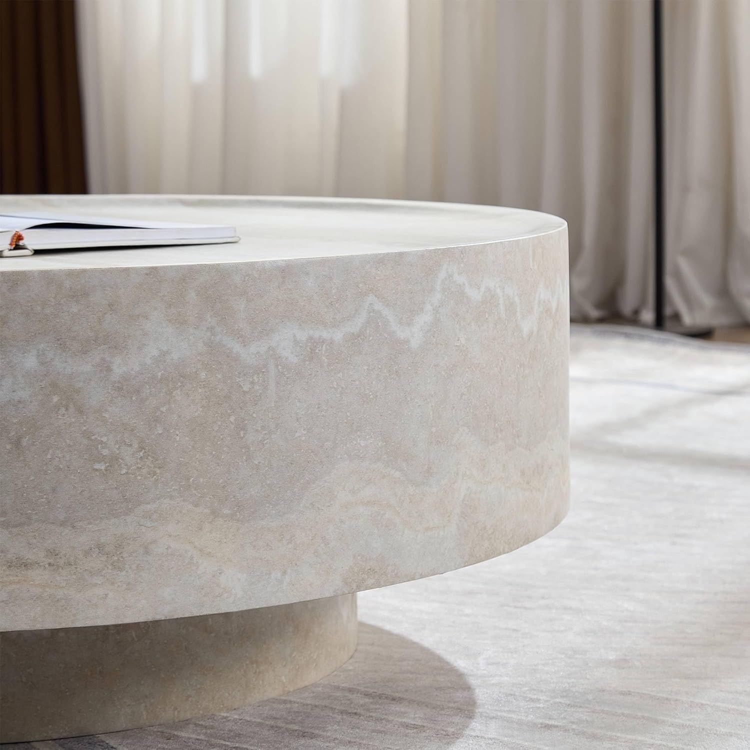 Round Coffee Tables for Living Room, Faux Mars Pattern Pedestal CoffeeTables Mid Century Modern Minimalist Side Tables Travertine Stone Pattern Accent End Table for Apartment, Office Fibgerglass Beige
