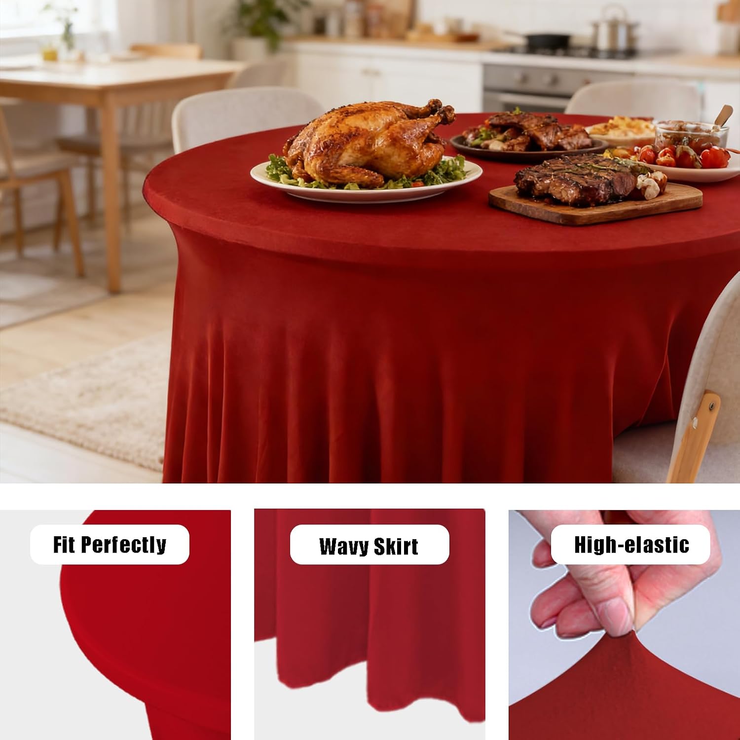 10 Pack Red Spandex Round Tablecloths for 60inch Tables, 120 Inch Stretchy 5ft Round Fitted Tablecloth Wrinkle Free Washable Table Cloths Table Covers with Skirt for Wedding Party Birthday Banquet