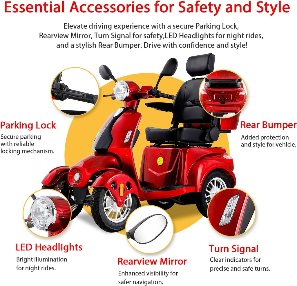 Heavy Duty 4 Wheel Mobility Scooters for Seniors & Adults 500lbs Capacity - Electric Powered Chair - 1000W All Terrain Fast Mobility Scooter for Travel w/Long Range Battery Remote Key