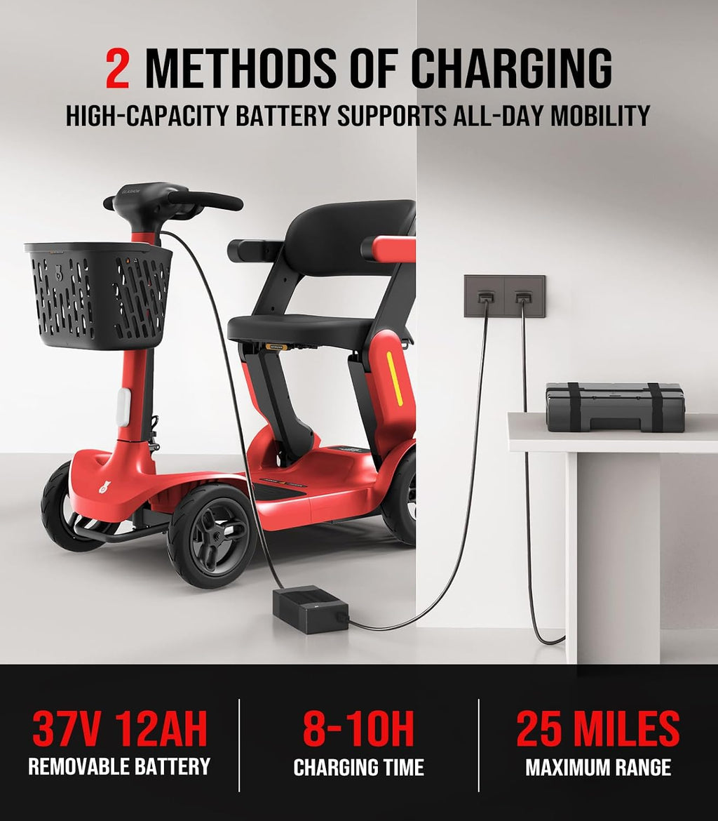Glashow S3 Foldable Mobility Scooter for Seniors and Adults – 4-Wheel Lightweight Electric Scooter, 25-Mile Range, 6 mph Max Speed, 265 lb Capacity, PAI Safety System for Outdoor Travel- Red
