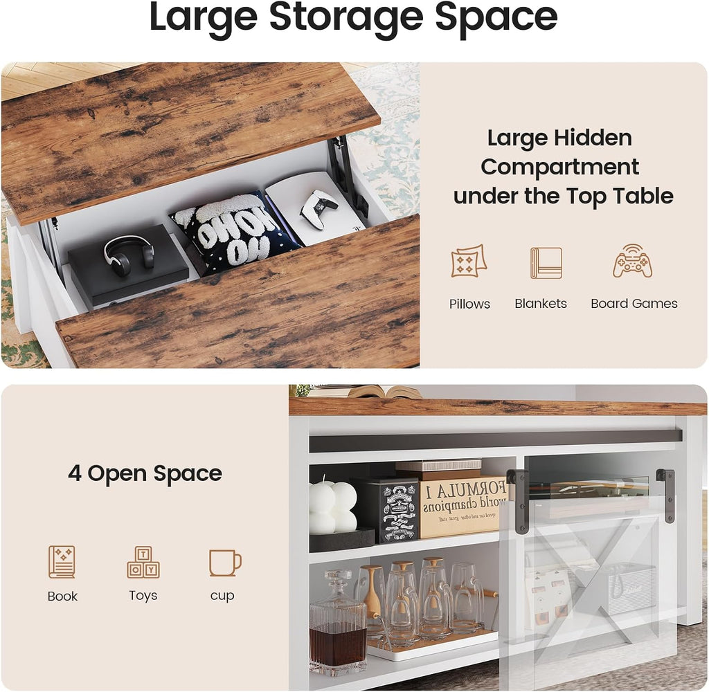 SEDETA 31.5' Lift Top Coffee Table with Storage, Square Coffee Tables for Living Room, Farmhouse Coffee Table with Large Hidden Storage Compartment and Adjustable Shelves, White