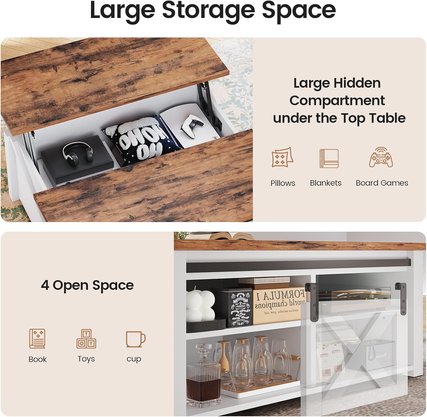 SEDETA 31.5' Lift Top Coffee Table with Storage, Square Coffee Tables for Living Room, Farmhouse Coffee Table with Large Hidden Storage Compartment and Adjustable Shelves, White
