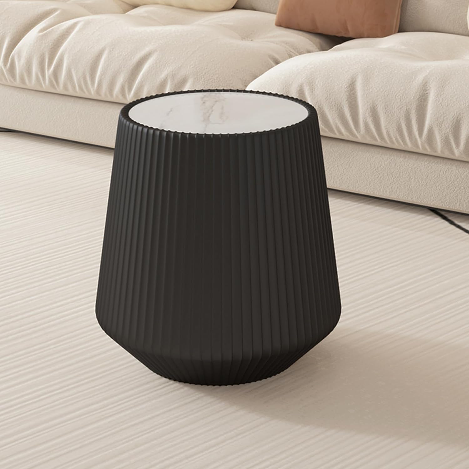 Black Round Coffee Table with Sintered Stone Tabletop, 17.71' Drum Coffee Table with Fluted PU Leather Covered and Stable Base, Circle Cocktail Tea Table for Living Room