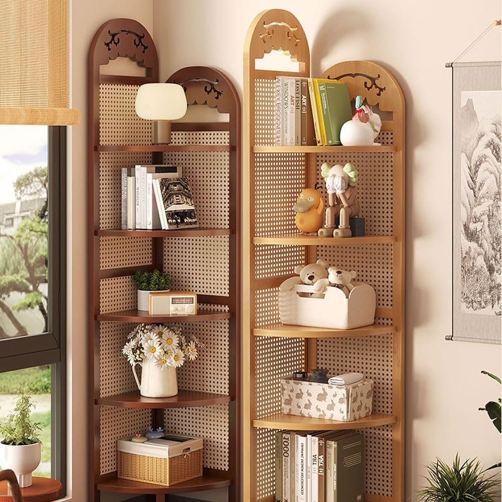 5 Tier Rattan Corner Shelf, Standing Shelf Organizer, Freestanding Corner Bookshelf, Bamboo Plant Stand, Balcony Decorations for Apartment, Wall Corner, Living Room, Bedroom(Natural)