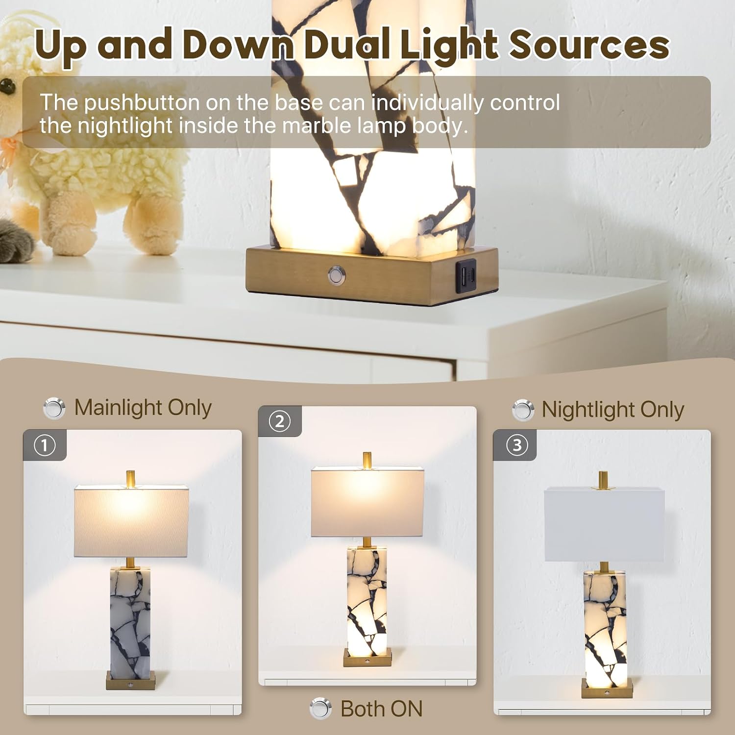 Natural Marble Table Lamps Set of 2: 3-Color Temperatures Alabaster Lamp with Nightlight, Bedside lamps with USB Ports, Bedroom Lamps for Night Stands End Table lamps for Living Room, Bulbs Included
