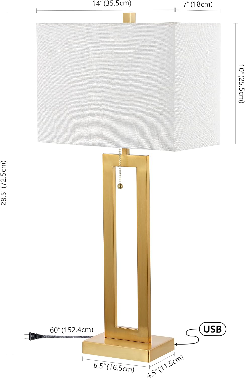 JONATHAN Y 28.5' Brass Gold Table Lamp Set of 2 with USB Port and Pull Chain, Modern Industrial Bedside Lamp for Living Room, Rectangular White Linen Shade, LED Bulb JYL1126A-SET2
