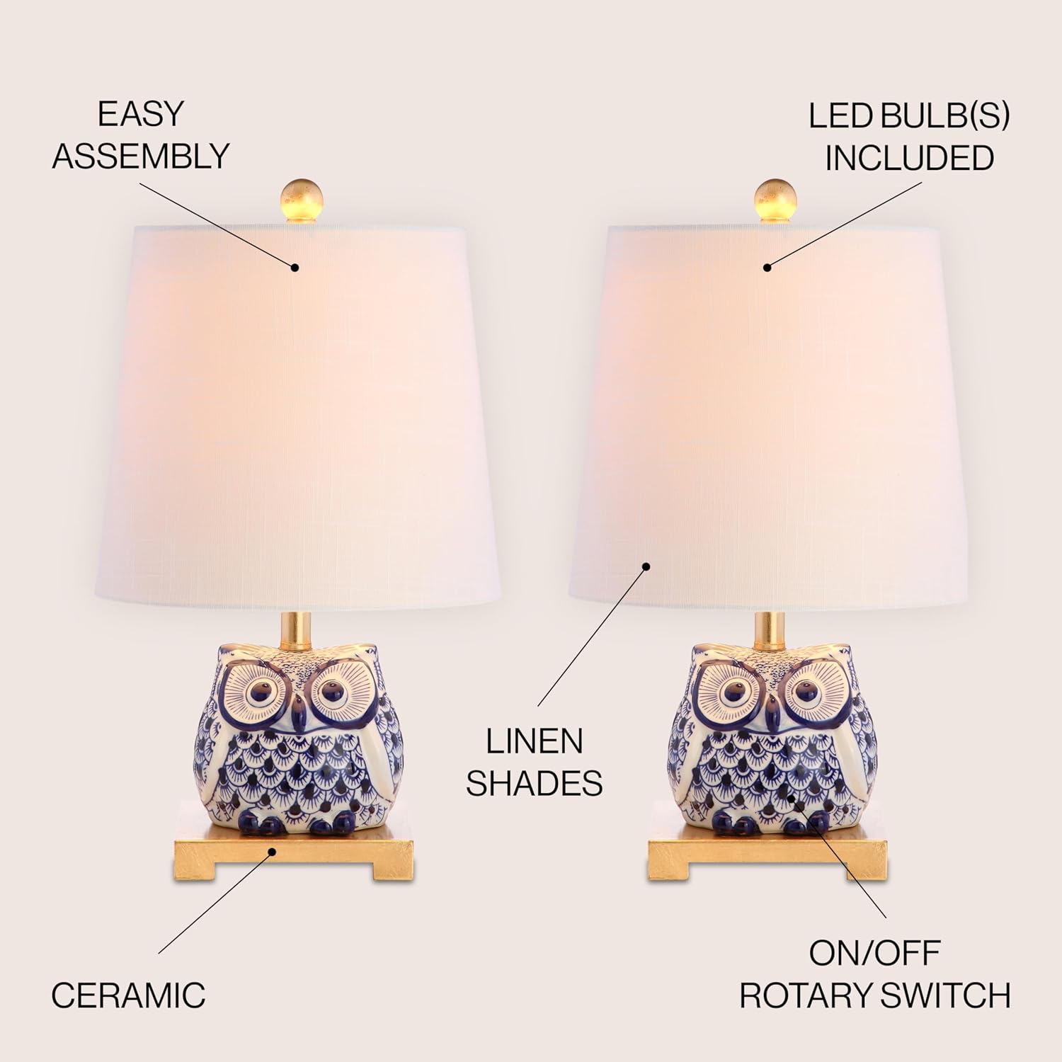 JONATHAN Y 16' Blue/White Ceramic Owl Mini Table Lamp for Bedroom or Office, Modern Farmhouse Nightstand Lamp with White Linen Shade, LED Bulb Included (JYL3014A-SET2)