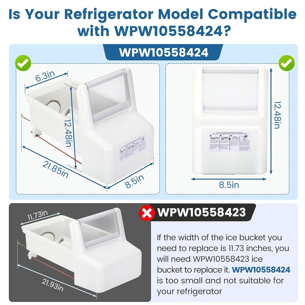 WPW10558424 for Whirlpool Ice Maker Replacement, Ice Bucket Assembly WPW10558424 Compatible with Whirlpool Kenmore Maytag Amana Refrigerator, WRS322FDAM04, WRS321SDHZ08, WRS321SDHZ05, WRS321SDHZ01
