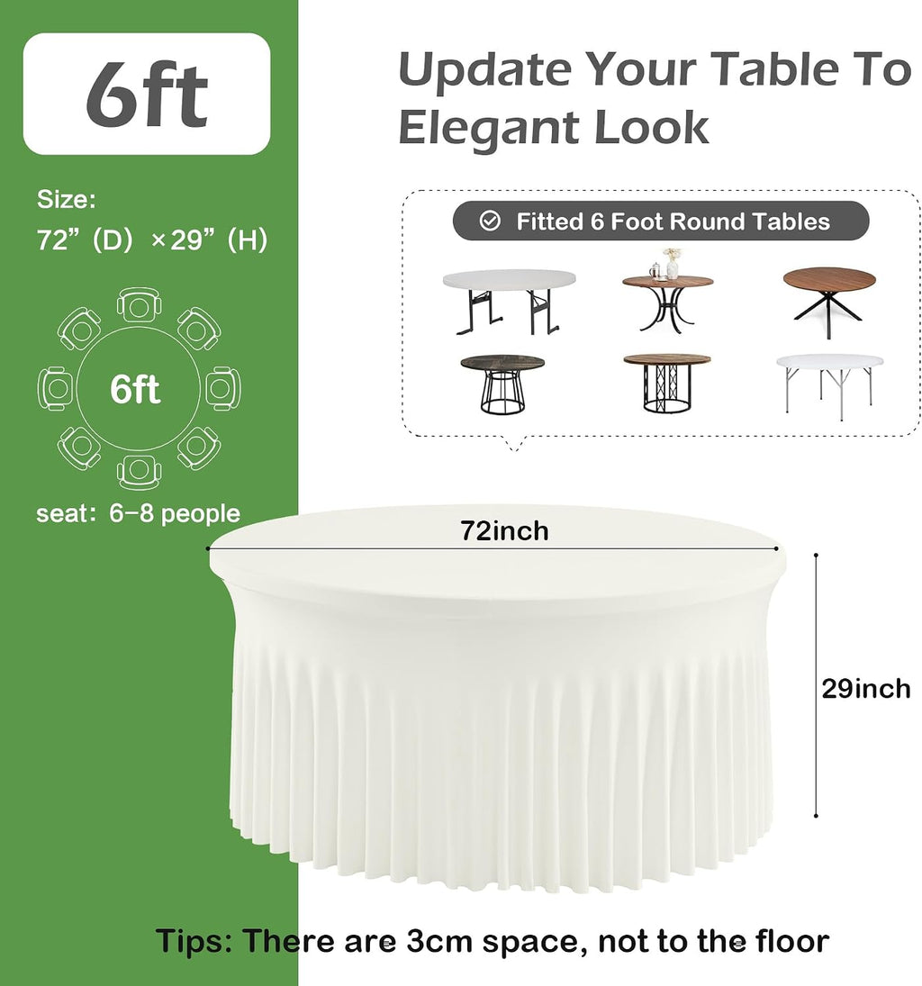 NSSONBEN 8 pk Ivory Round Spandex Tablecloth 72 in with Ruffled Skirt,Wrinkle Free High-Stretch 132 inch Fitted 6ft Cream Table Cloths Round Spandex Table Covers 6ft for Party Wedding Banquet Dinning