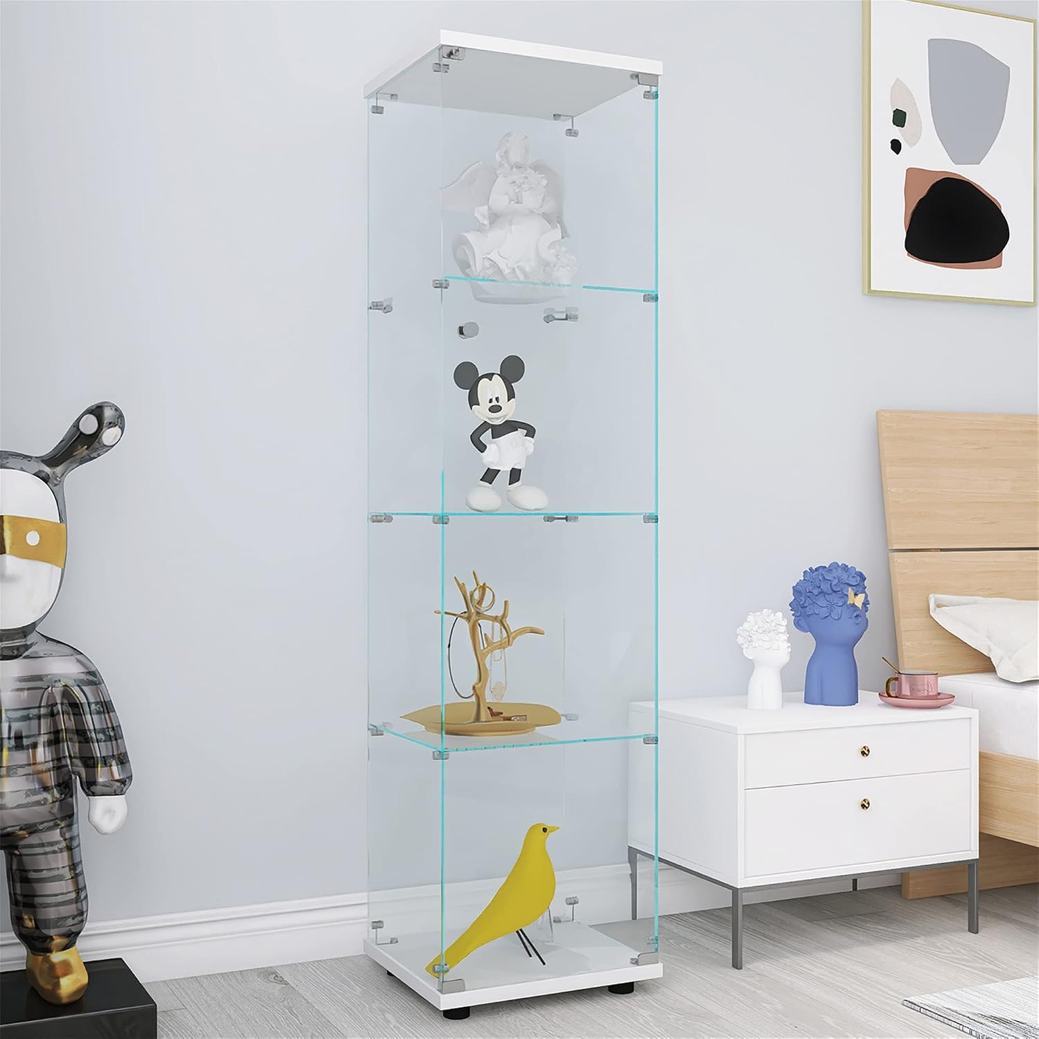 64' 4 Shelves Display Cabinet with One Door,Floor Standing Corner Curio Glass Cabinets Case W/Locks,Transparent Full Viewing Angle Bookshelf for Living Room,Bedroom,White