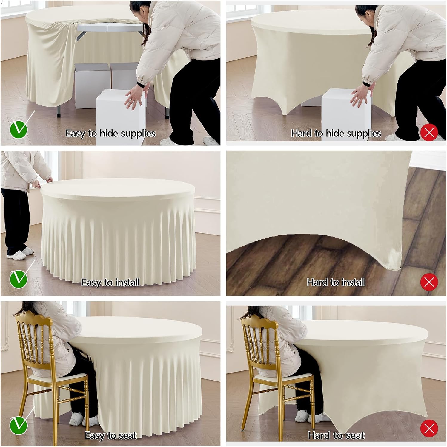 leegleri 6 Pack 60Inch Ivory Spandex Round Tablecloths, Stretchy 120inch Fitted 5FT Round Table Cloths, Wrinkle Free Table Cover with Skirt for Wedding Party Dining Banquet