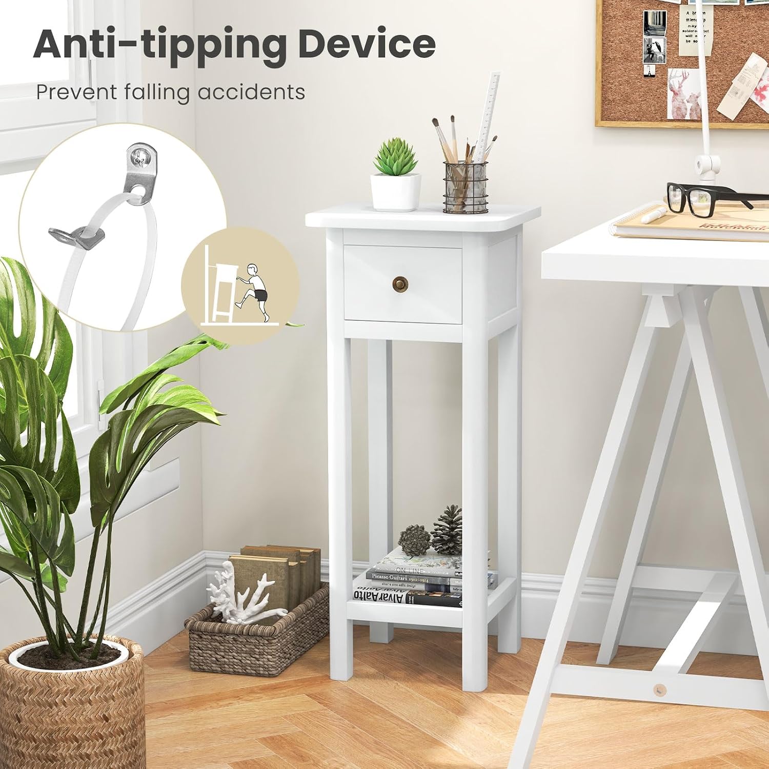 BECOMFORT Wooden End Table, Acacia Wood Bedside Table w/Shelf & Handy Drawer, Narrow Nightstand for Small Spaces in Living Room & Bedroom, No Assembly Required, 13.5' x 11.5' x 31.5' (2, White)