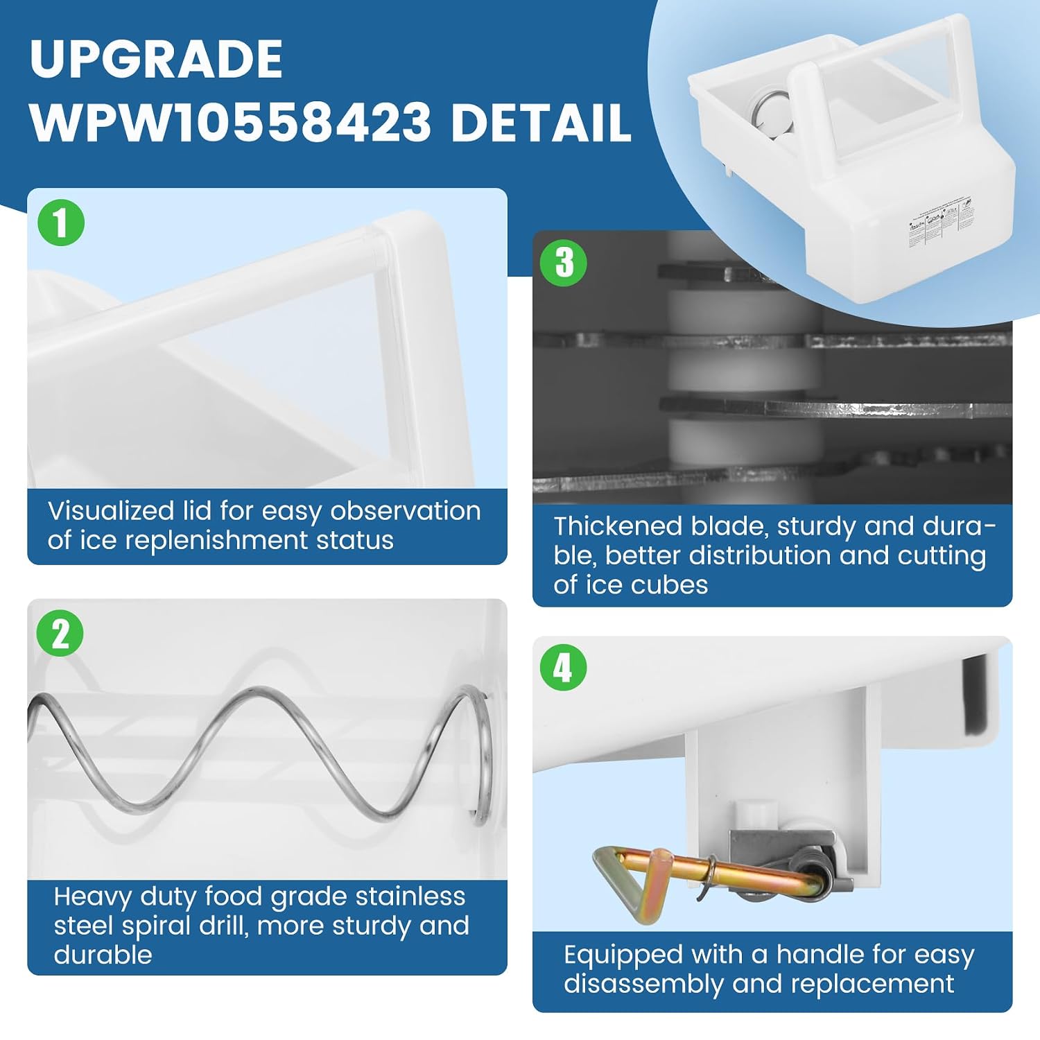 Upgraded WPW10558423 for Whirlpool Ice Maker Replacement, Compatible with Whirlpool Kenmore Maytag Amana IKEA Refrigerator, Refrigerator Ice Bucket Replacement with Whirlpool Replacement Ice Maker