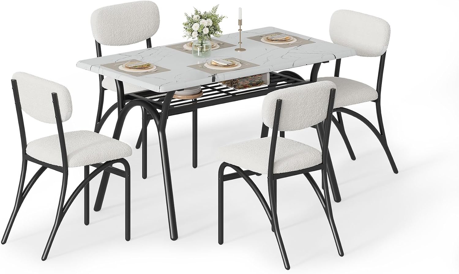5-Piece Dining Table Set for 4, Modern Kitchen Table with 4 Boucle Chairs, Rectangular Dining Table with Storage Shelf & Marble Tabletop, Beige Home Dining Furniture for Small Space, Beige+White
