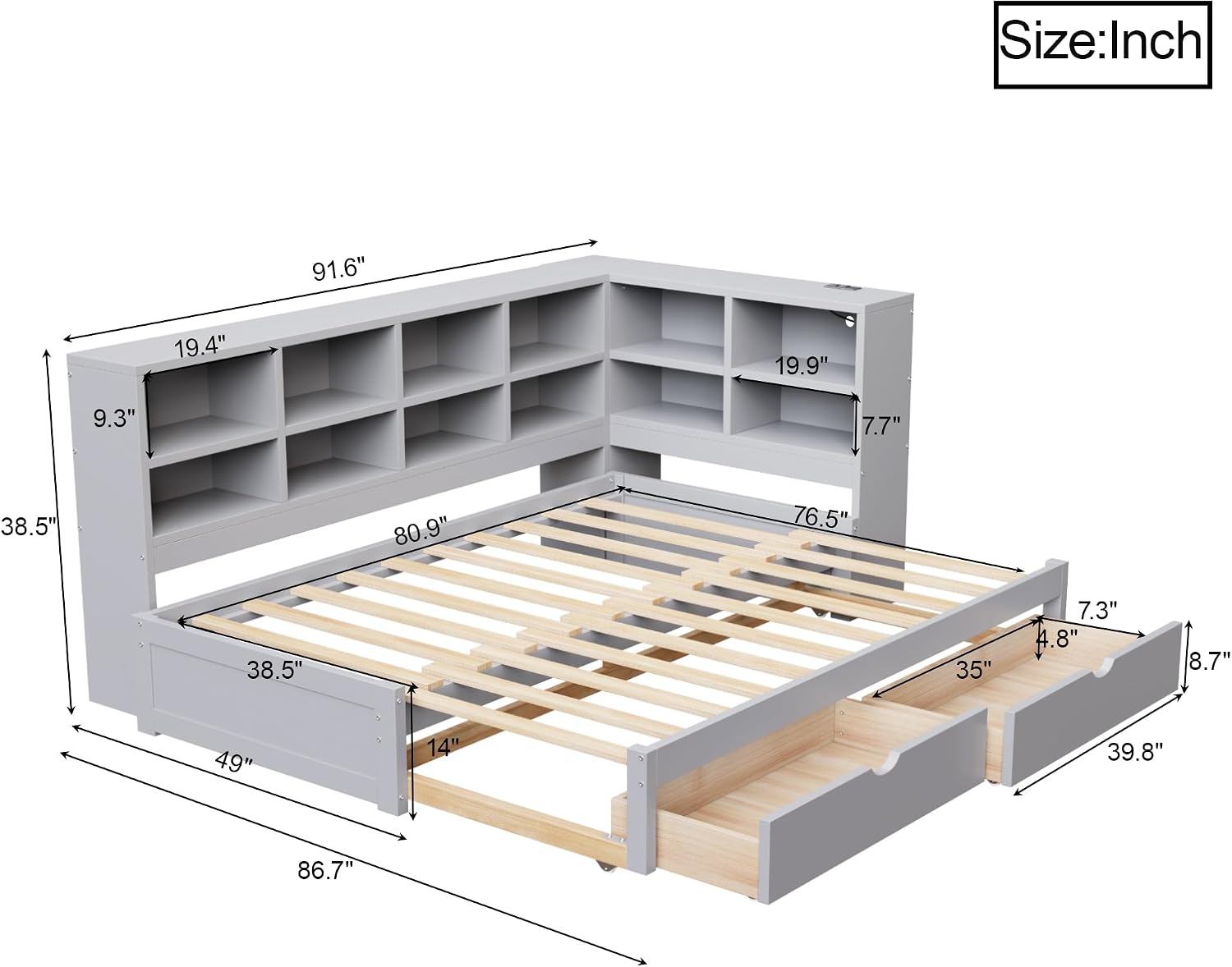 Wood Daybed Twin XL to King Size with 2 Storage Drawers and L-shaped Storage Cabinets, L-Shaped Corner Platform Bed Frame with LED Light and USB Ports for Office Living Room Bedroom (Gray-2.14)