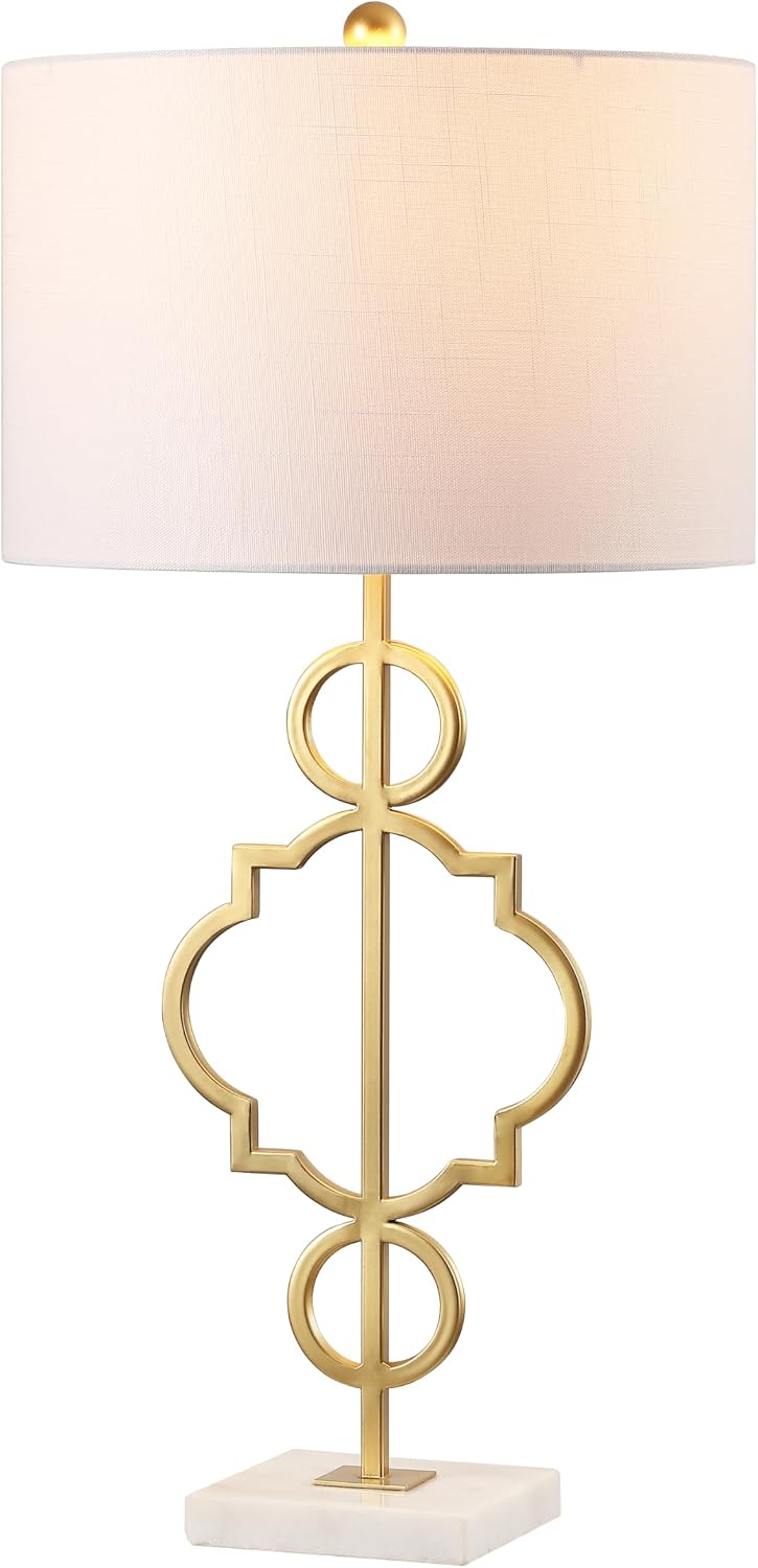 JONATHAN Y 31' Gold Modern Quatrefoil LED Table Lamp, Contemporary Metal Iron Lamp with White Marble Base and Linen Drum Shade for Living Room Bedroom, LED Bulb Included JYL3026A