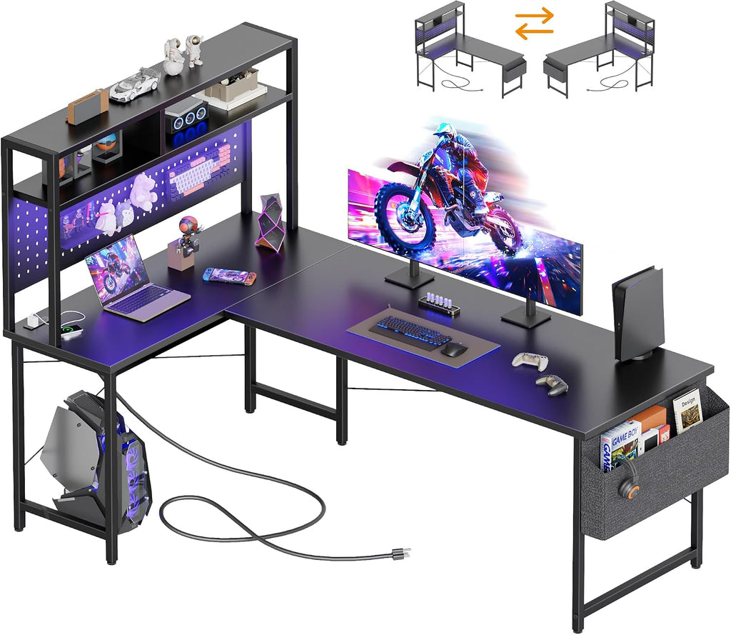 Mericonia 59 inch Large L Shaped Desk with Pegboard Hutch & Shelves, Corner Gaming Desk with Power Outlet, LED Light & Storage Bag, Reversible Computer Desk for Home, Bedroom, Office Workspace, Black
