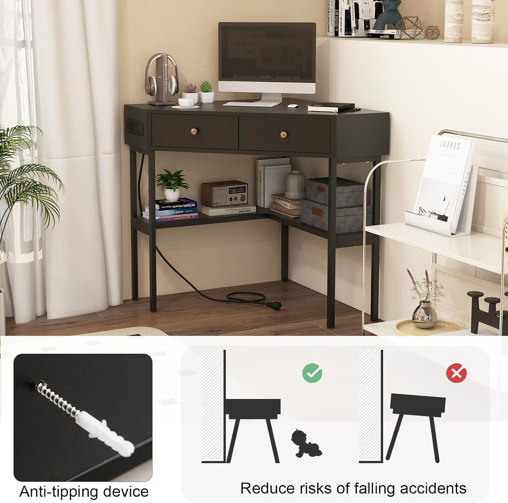 POWERSTONE Corner Desk with Charging Station & 2 Drawers, Space-Saving Makeup Vanity Triangle Computer Desk Workstation with Storage Shelves for Bedroom, Study Black