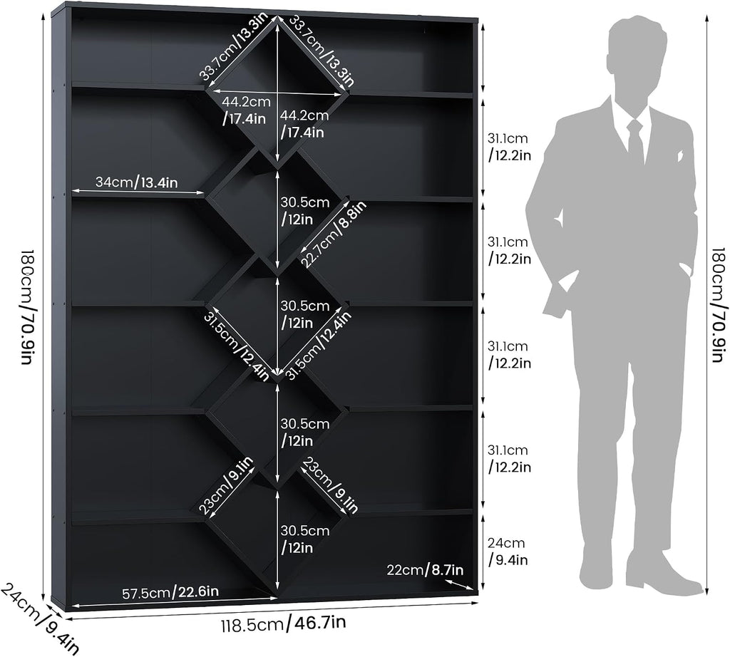 Winkalon 71' Triple Wide Bookshelf, 6-Tier Bookcase with Diamond Accent Compartments, Space-Saving Storage Cabinet for with 17 Open Display Shelves for Living Room, Bedroom, Home Office (Black)