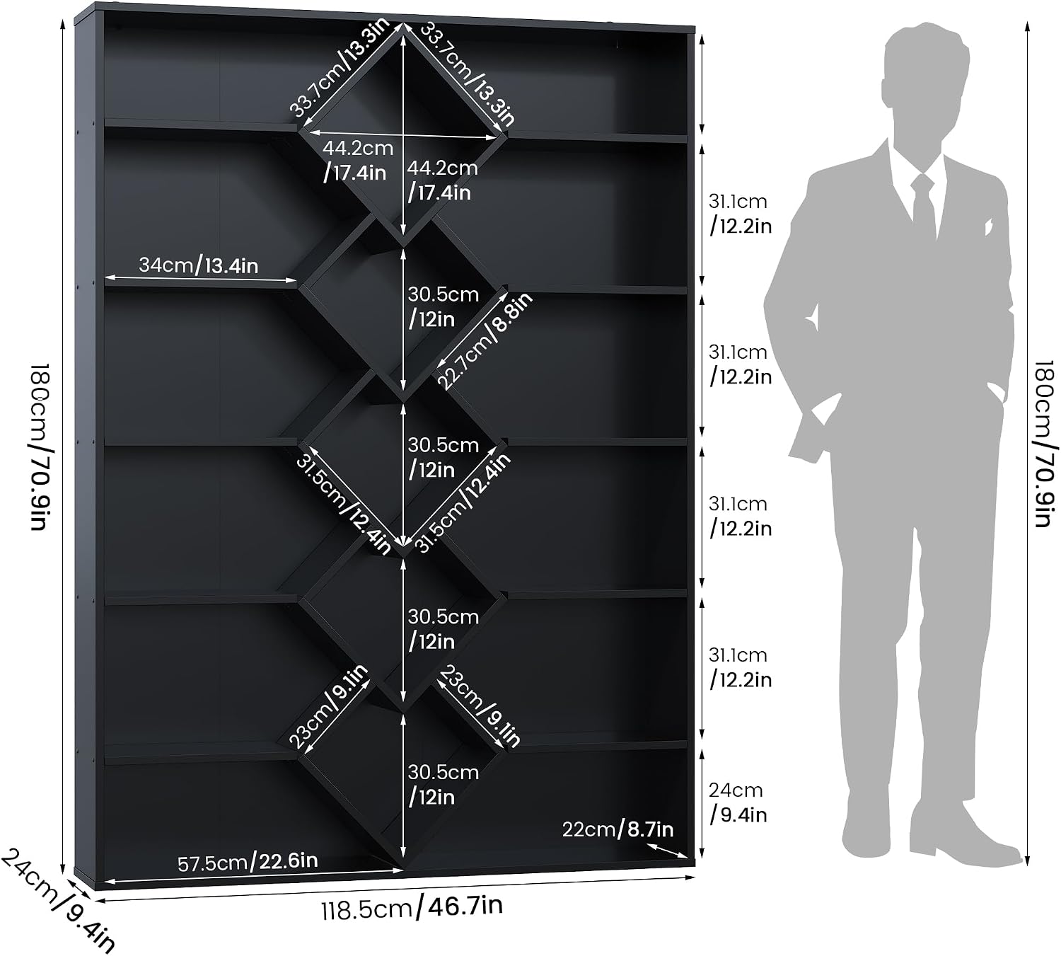 Winkalon 71' Triple Wide Bookshelf, 6-Tier Bookcase with Diamond Accent Compartments, Space-Saving Storage Cabinet for with 17 Open Display Shelves for Living Room, Bedroom, Home Office (Black)