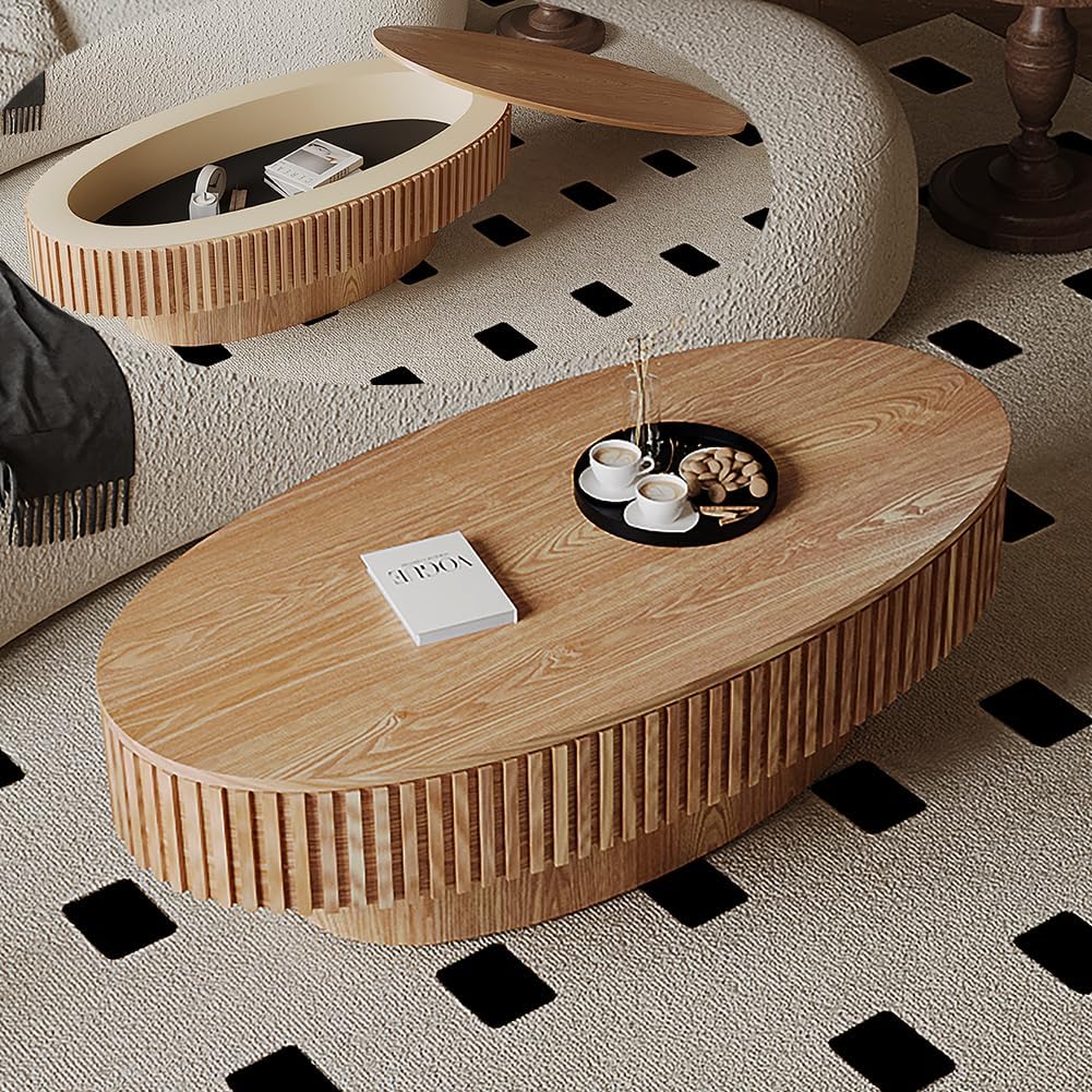 47.2'' Oval Coffee Table with Storage for Living Room Modern Fluted Coffee Table with Lid Pedestal Center Tables Accent Tea Table for Apartment, Natural Wood Oak