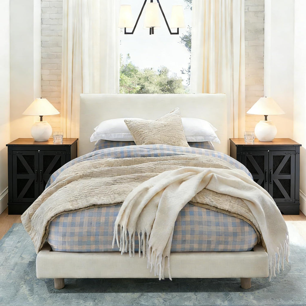 Black Farmhouse End Table Set of 2, 21' Wood Sofa Side Table with Charging Station, Rustic Nightstand with Mesh Barn Door for Living Room, Square