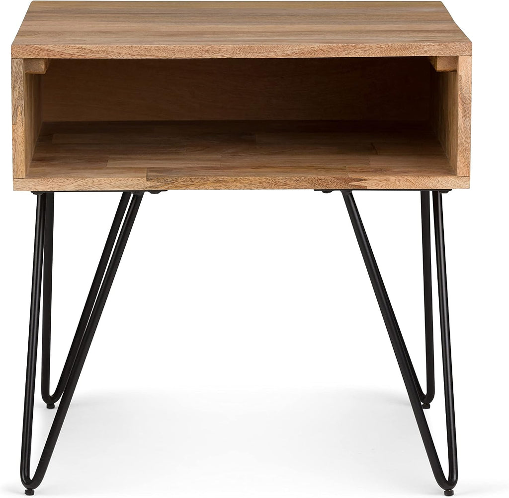 SIMPLIHOME Hunter End Table - 22 inch Wide Solid Mango Wood and Metal Square Accent Table with Open Storage Compartment and Hairpin Legs in Natural, Industrial Nightstand for Living Room or Bedroom
