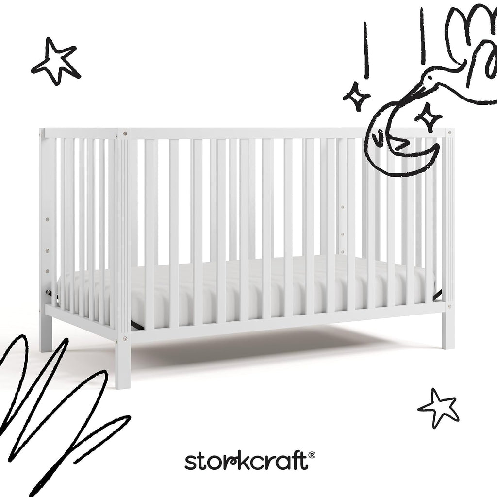 Storkcraft Morningside 5-in-1 Convertible Crib – GREENGUARD Gold Certified, Fits Standard Crib Mattress, Converts to Toddler Bed, Daybed and Full Bed, 4 Adjustable Mattress Heights (White)