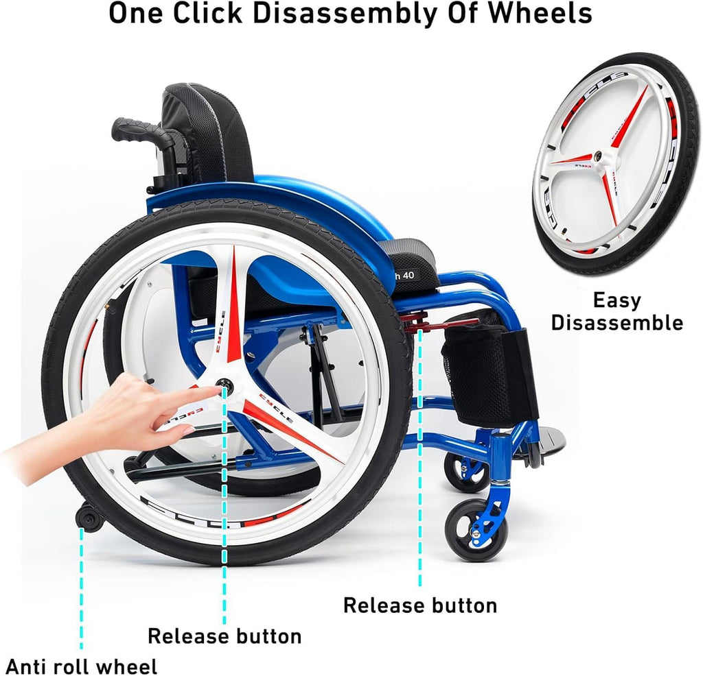 Sports and Leisure Wheelchairs for Adults,Lightweight Transport Wheelchair,Portable Self-propelled Manual Wheelchairs,Folding All-Terrain Wheelchair,Aluminum Alloy Wheelchair(Red,40cm/15.7in)