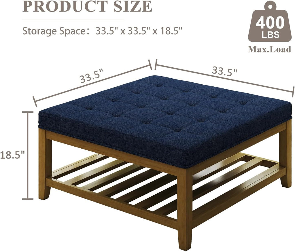 Befurtori Large Square Ottoman Coffee Table, Linen Solid Upholstered Footrest Ottoman with Solid Wood Shelf Storage Tufted Coffee Table for Bedroom Living Room, Navy Blue
