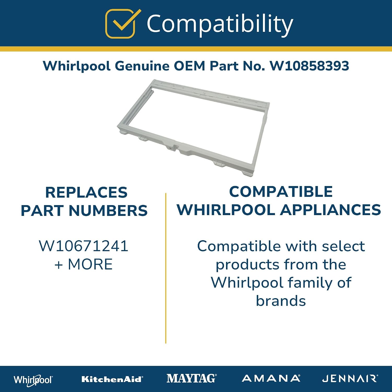 Whirlpool W10858393 Genuine OEM Refrigerator Crisper Drawer Shelf Frame Replacement Part - Replaces W10671241