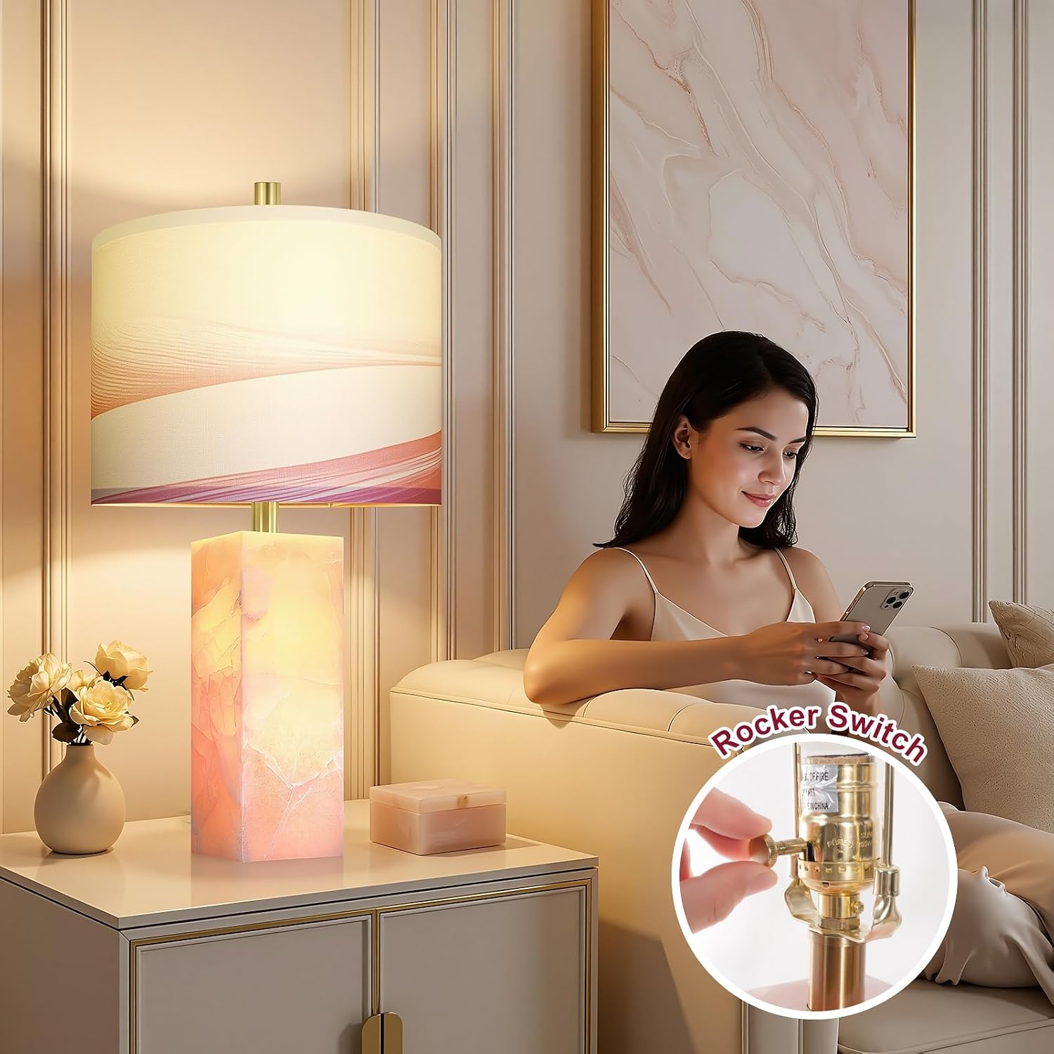 Scenekoy 23' Alabaster Table Lamp Set of 2 with Night Light for Bedroom Living Room, Rotary Switch, Pink Modern Table Lamp with Linen Shade, Nightstand Lamps for Room Bedside Office (Bulb Included)