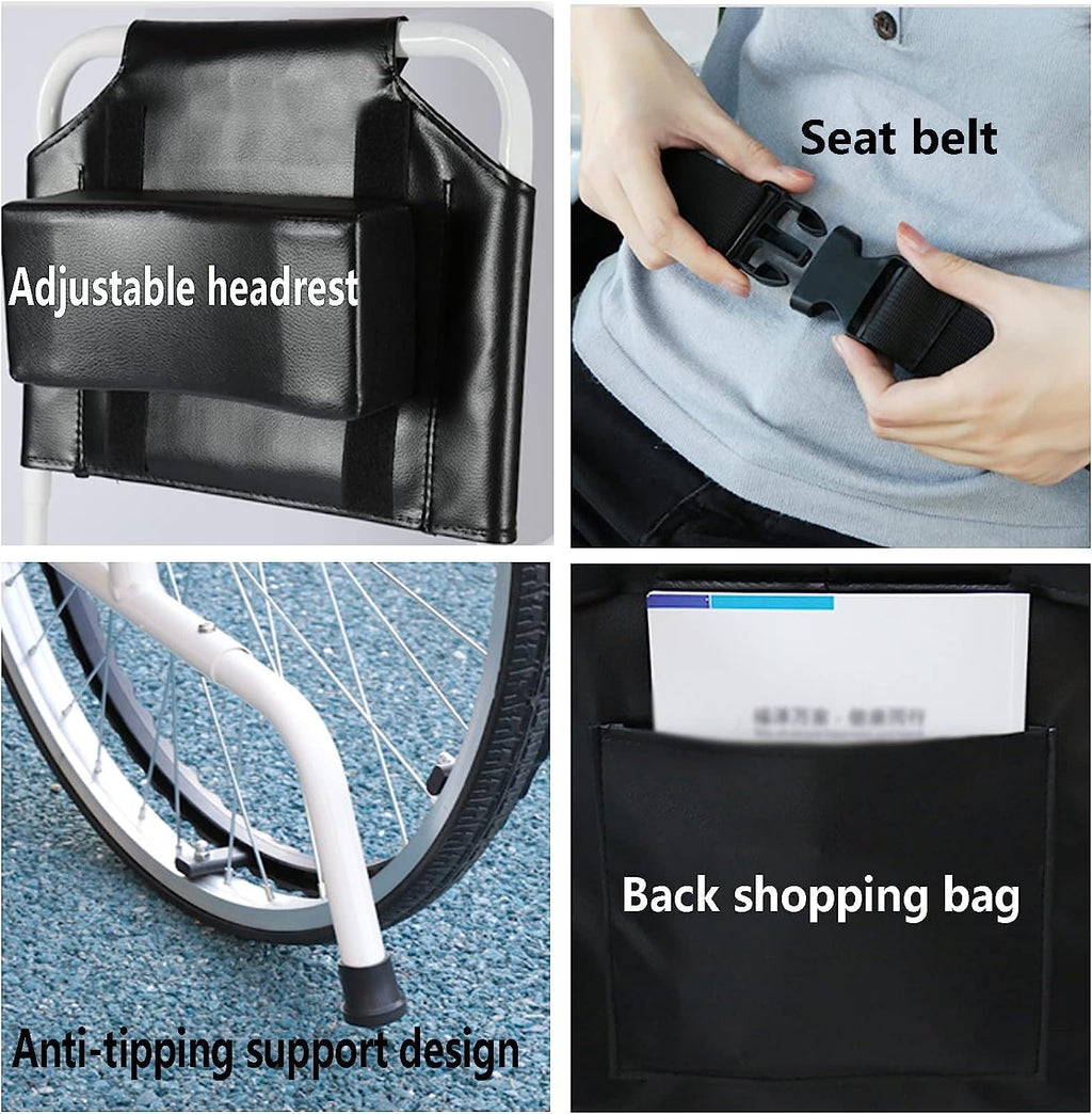 Full Lying Wheelchair Foldable Manual Wheelchair Commode W/Removable High Back & Dining Table Steel Reclining Transport Wheelchair W/Elevating Leg Rest for Elderly Driving Trolley