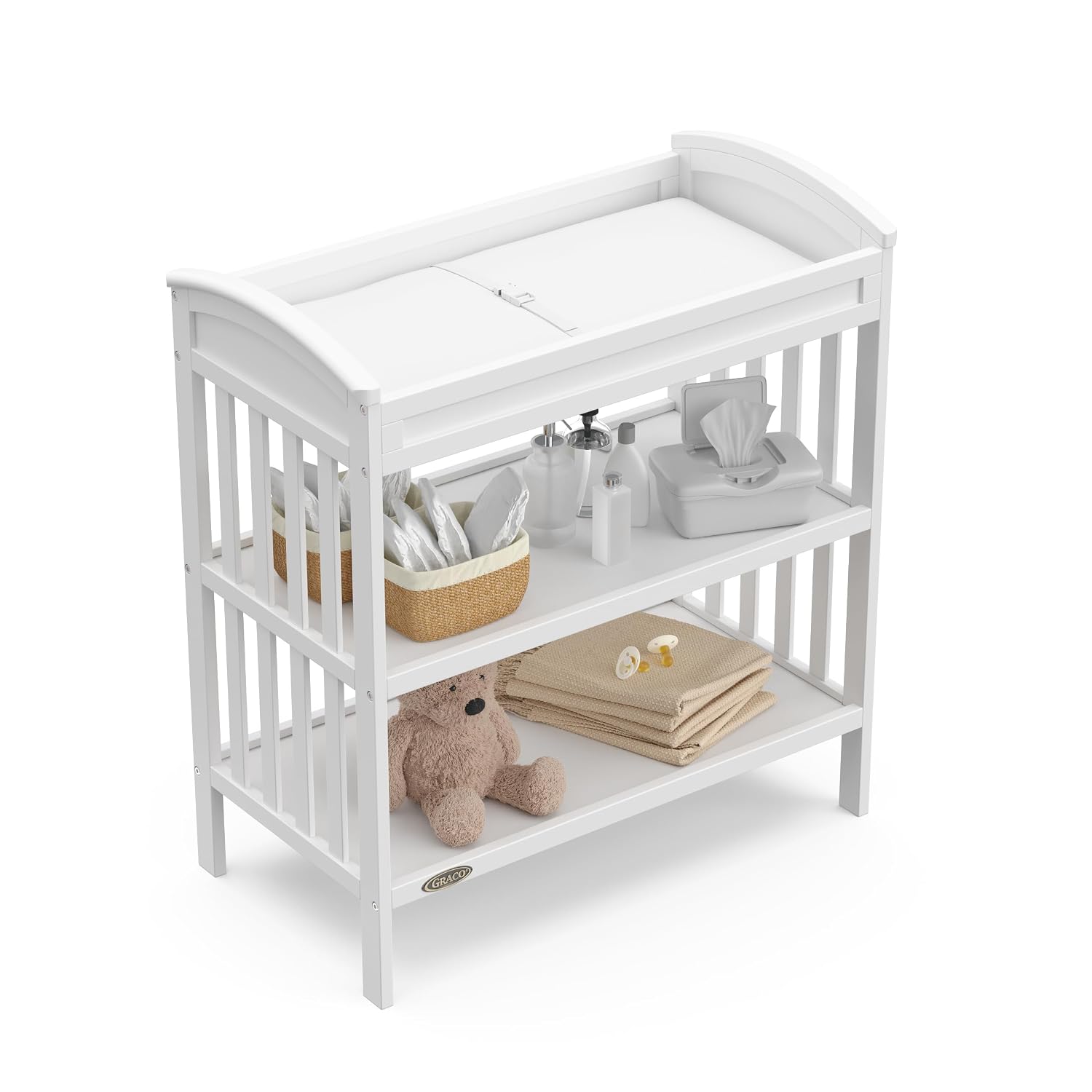 Graco Benton Changing Table with Bonus Water-Resistant Changing Pad (White) - GREENGUARD Gold Certified, Includes Diaper Change Pad with Safety Strap, 2 Open Storage Shelves for Organizing