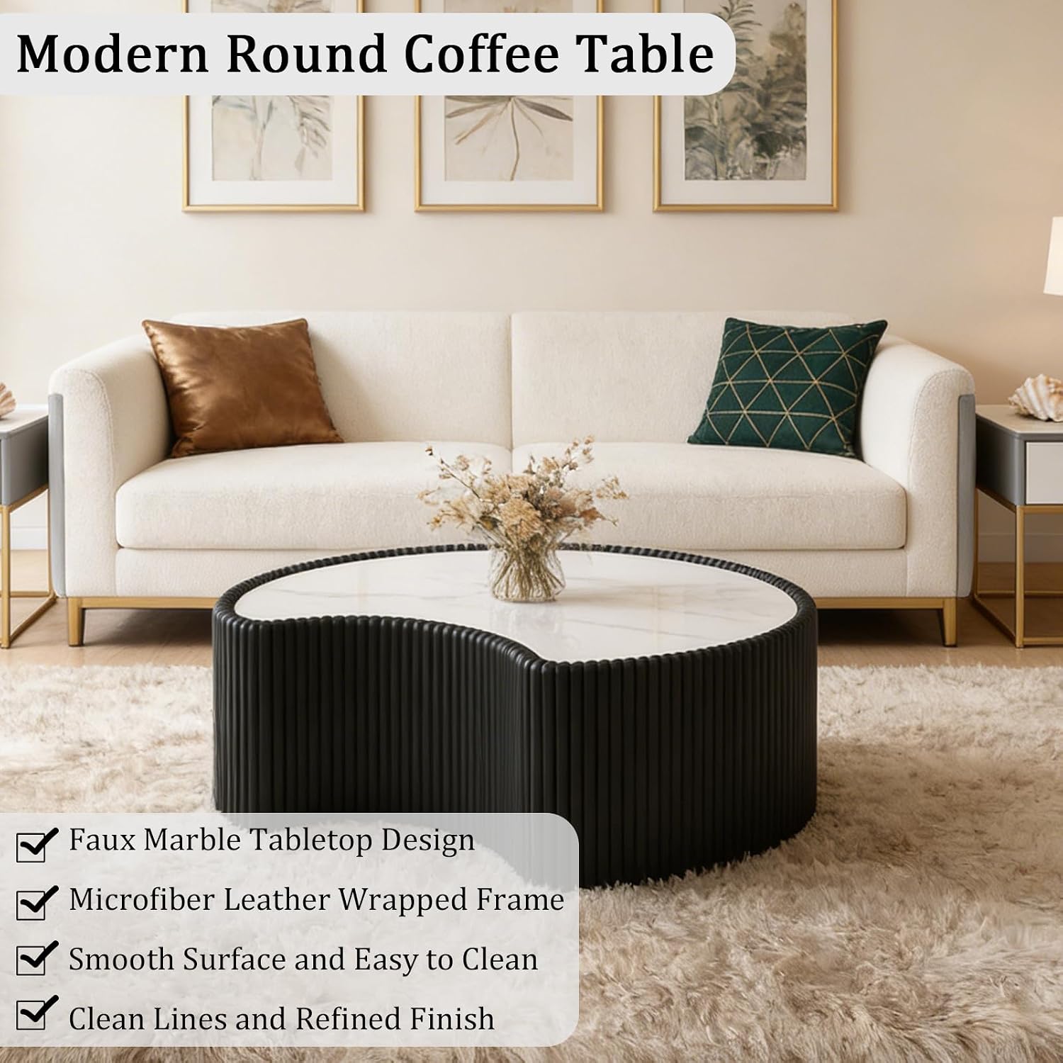 Black Round Coffee Table with Sintered Stone Tabletop, 29.53' Drum Coffee Table with Fluted PU Leather Covered and Stable Base, Circle Cocktail Tea Table for Living Room