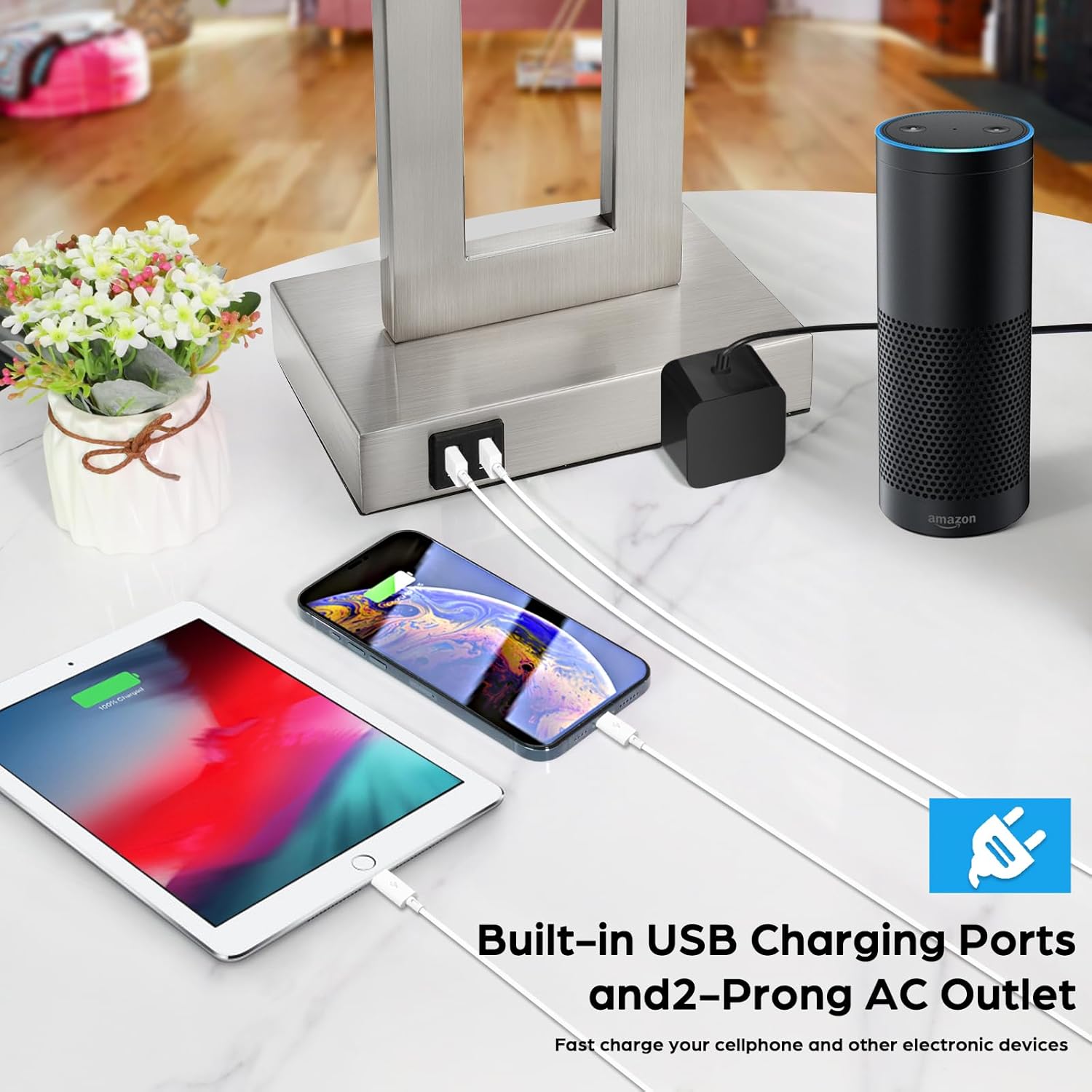TOBUSA Modern Silver Table Lamps Set of 2, 28inch Tall Lamps for Living Room Bedroom with 2 USB Ports&AC Outlet, 3 Way Dimmable Touch Control Desk Lamps for Reading Home Office, 2 Bulbs Included