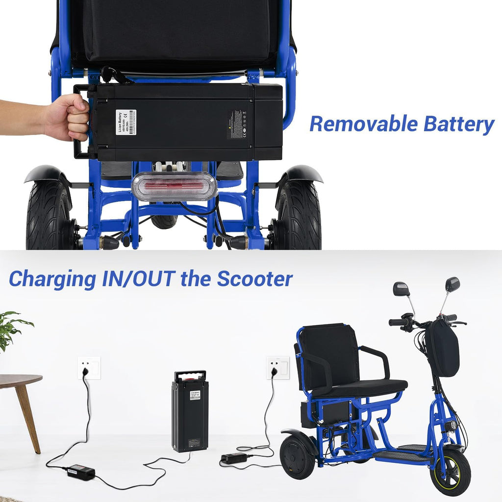 3-Wheel Folding Mobility Scooter Foldable Lightweight Electric Scooter for Adults & Seniors, Detachable Lithium Battery, Long Range 28 Miles, 3-Speed, with Rearview Mirror & Turn Signal (Blue)