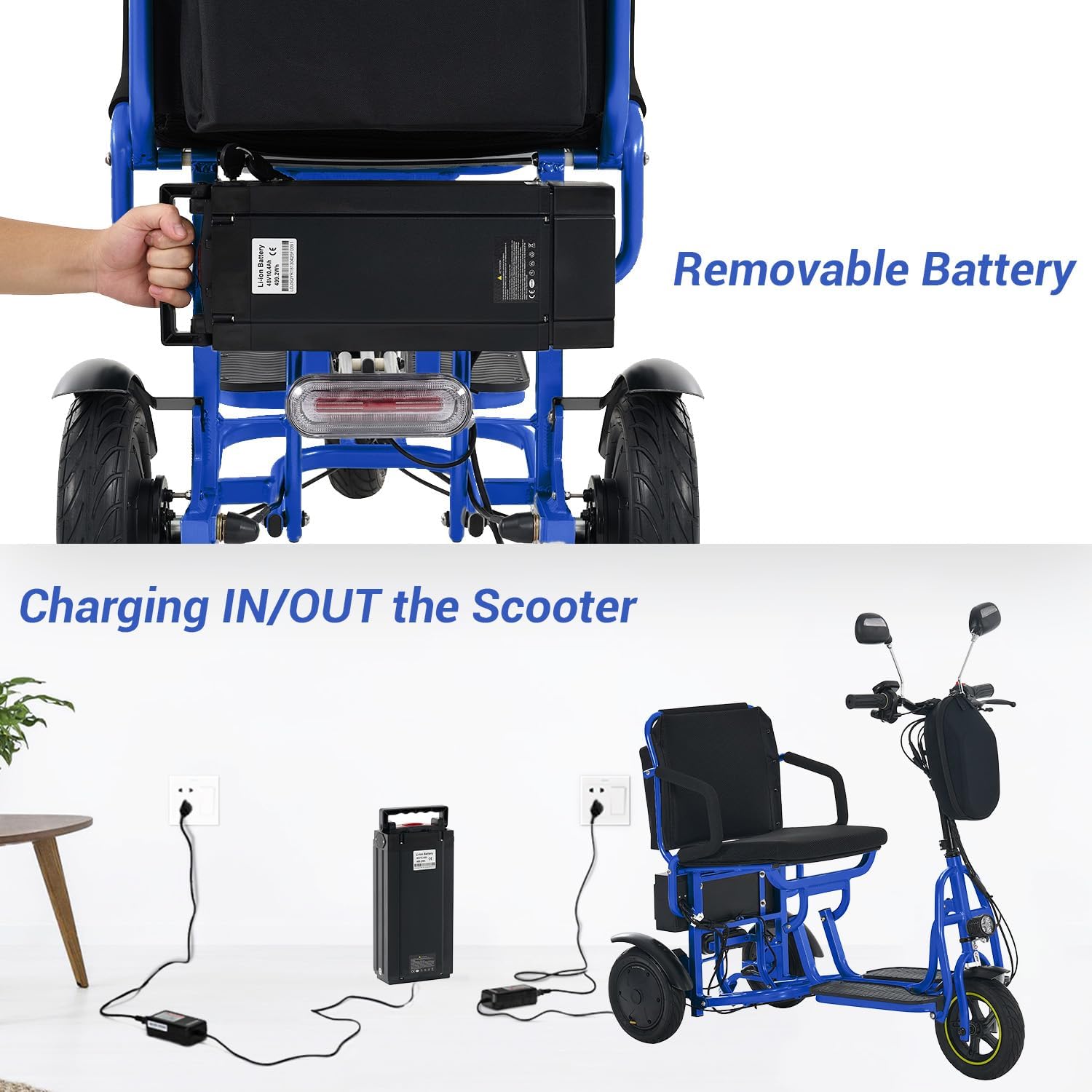 3-Wheel Folding Mobility Scooter Foldable Lightweight Electric Scooter for Adults & Seniors, Detachable Lithium Battery, Long Range 28 Miles, 3-Speed, with Rearview Mirror & Turn Signal (Blue)