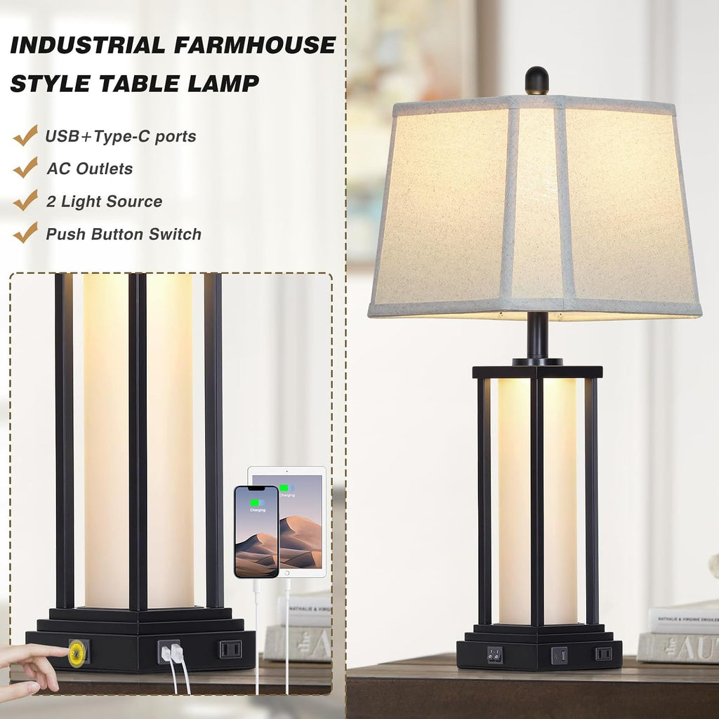 Cinkeda 27' Tall Vintage Table Lamp Set of 2 with USB C+A & Outlet,Black Industrial End Table Lamp for Living Room,Farmhouse Rustic Bedside Lamps with Bell Lampshades for Bedroom Nightstand,Black