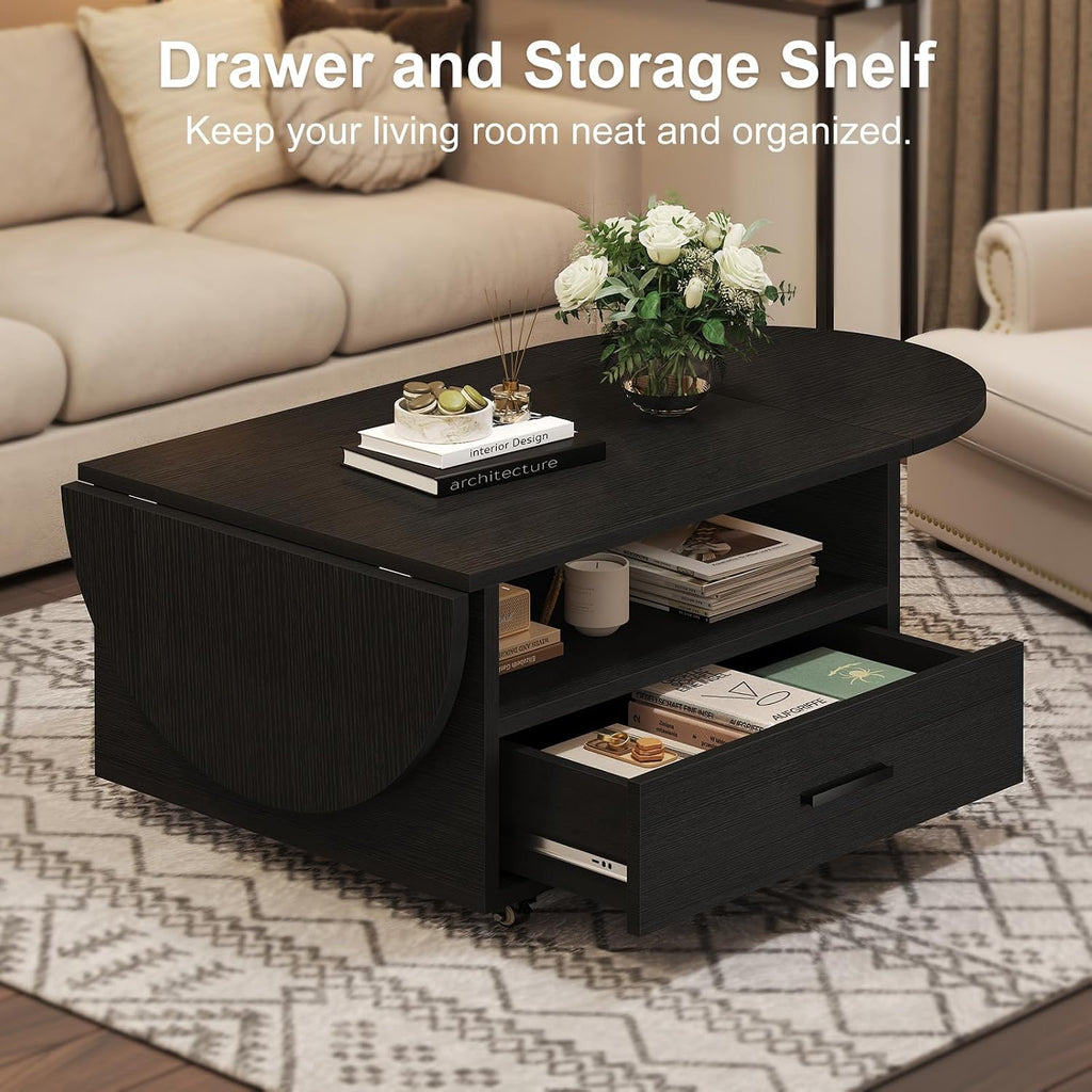 IBF Black Coffee Table with Drawer, Oval Foldable Center Table with Storage, Modern Wood Living Room Table with Wheels, Multifunctional Extendable Tea Table for Home Bedroom Office, Black Oak, 47 Inch
