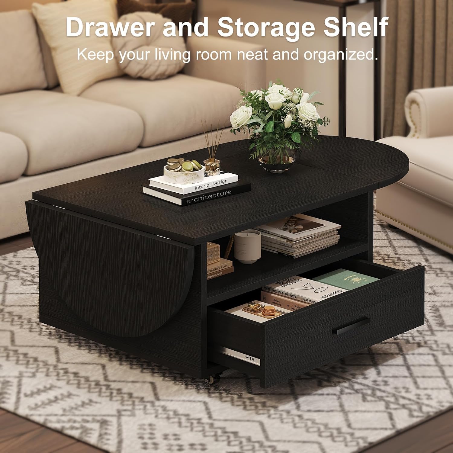 IBF Black Coffee Table with Drawer, Oval Foldable Center Table with Storage, Modern Wood Living Room Table with Wheels, Multifunctional Extendable Tea Table for Home Bedroom Office, Black Oak, 47 Inch
