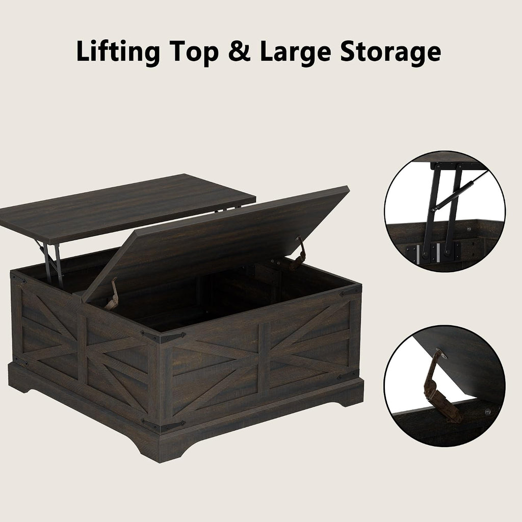 Furnideco 35.5''W Square Coffee Table Farmhouse Lift top Coffee Table with Large Hidden Storage, Wood Center Table for Living Room, Home Office, Dark Brown