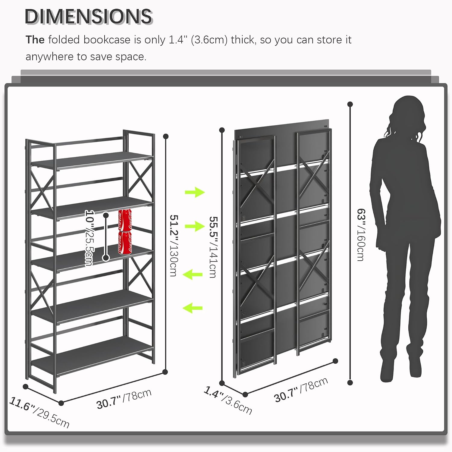 4NM Extra Wide 5 Tiers No Assembly Book Shelves, 51.2' H Folding Bookshelf Bookcase Open Industrial Foldable Shelves for Bedroom, Living Room, Home Office - All Black