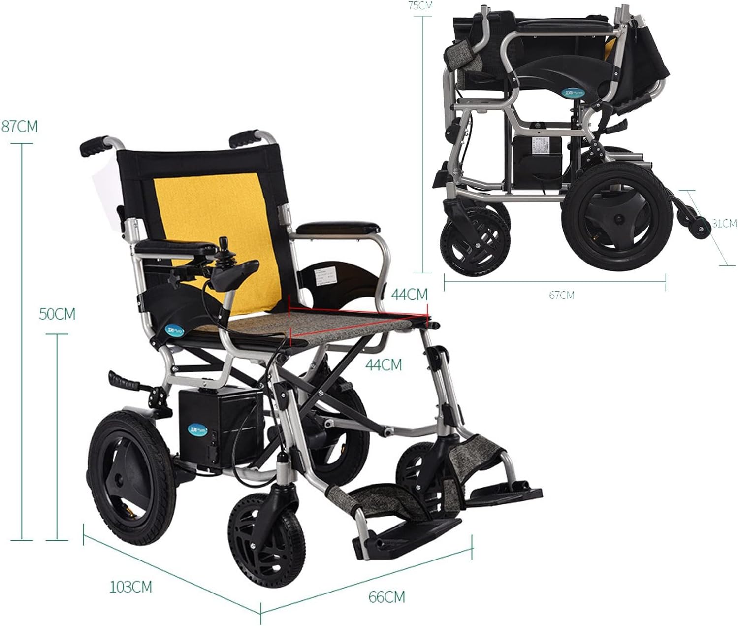 Folding Power Wheelchairs with 12AH Battery Wheelchairs Portable Propelled Wheelchair Open/Fold in 1 Second for Lower Limb Disability (Color : Yellow)