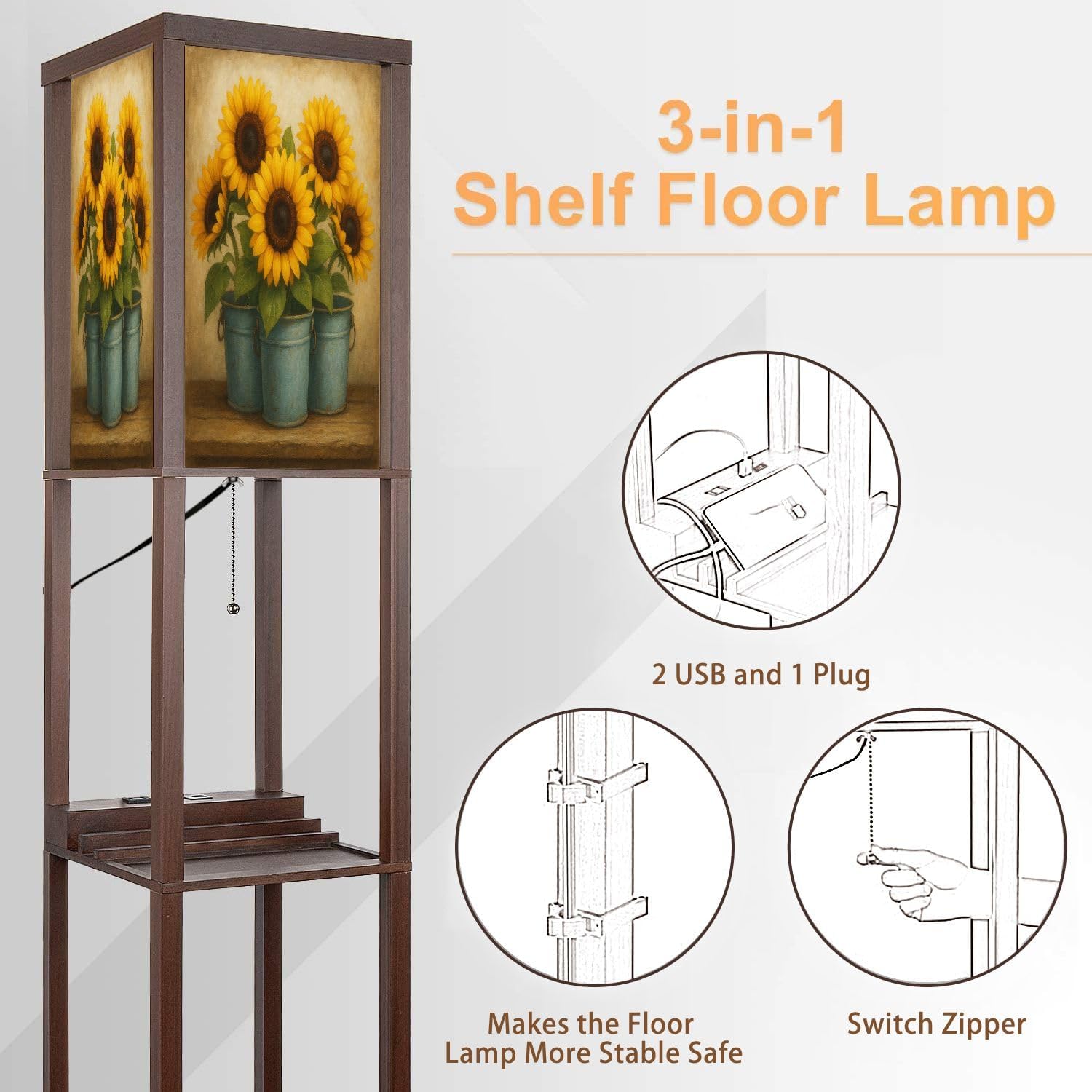 Floor Lamp with Shelves Vintage Sunflower Wildflower Pictures Rustic Flowers Farmhouse Country Standing Tall Lamp USB Ports & Power Outlet Modern Corner Lamp Nightstand Light for Living Room Bedroom