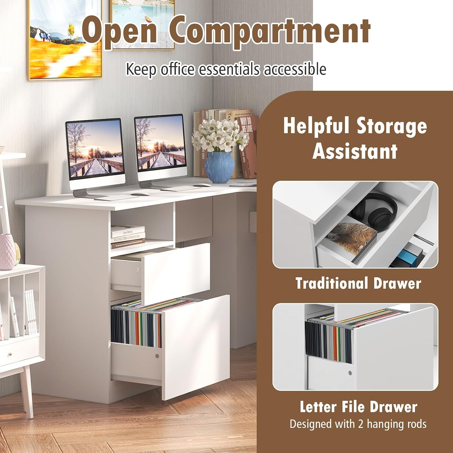 Giantex L Shaped Computer Desk with Drawers, 59' Corner Desk Workstation with Storage Shelf & Cable Holes, Large Executive Office Desk, Modern Study Writing Table for Home Office (White)