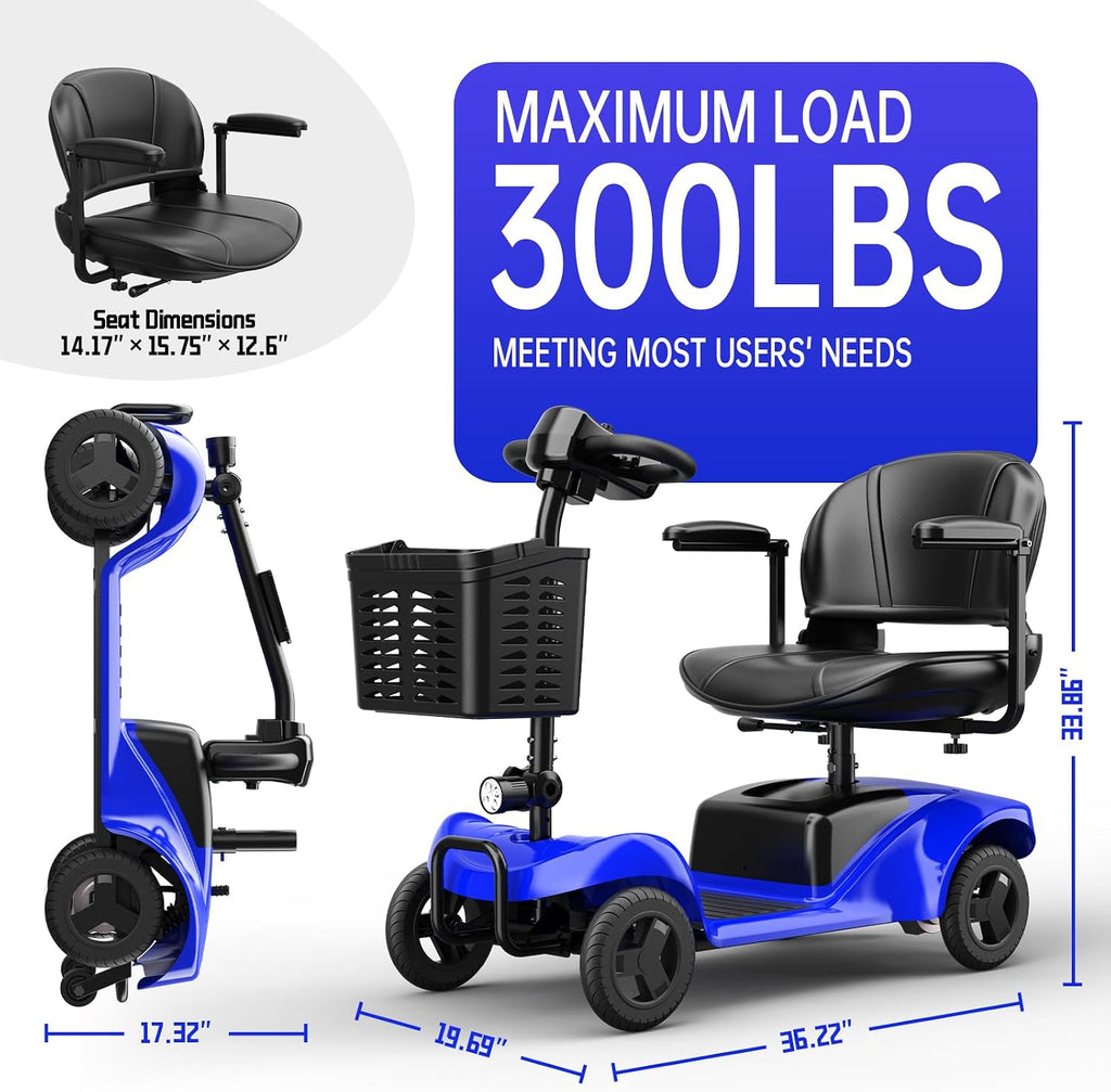 Mobility Scooter,4 Wheel Mobility Scooter,15 Miles Range,300W Motor, 300LBS Capacity,Lightweight and Portable,with LED Headlights and Basket,Charger Included,Blue