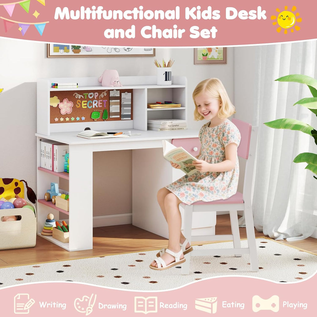 HONEY JOY Kids Desk and Chair Set, Large Wooden Children School Study Table and Chair w/Drawer, Hutch, Storage Shelves, Student Writing Desk Computer Workstation for Bedroom, 7+ Years Old (Pink)
